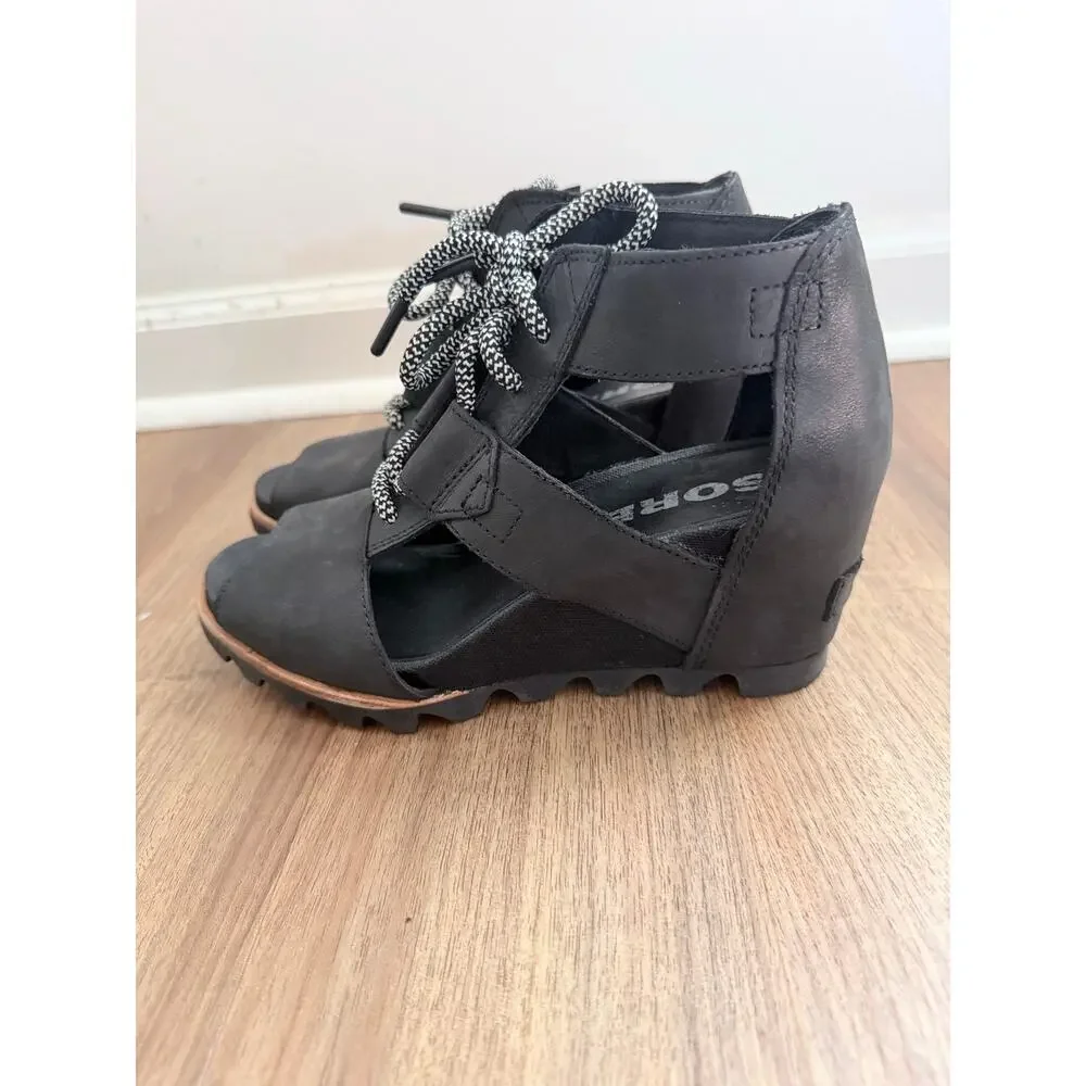 Sorel Joanie Sandal Lace Up Black Leather Wedge Cut Out Peep Toe-Size 7.5